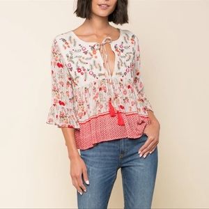 Raga Primrose Floral Boho Bell Sleeve Top Medium